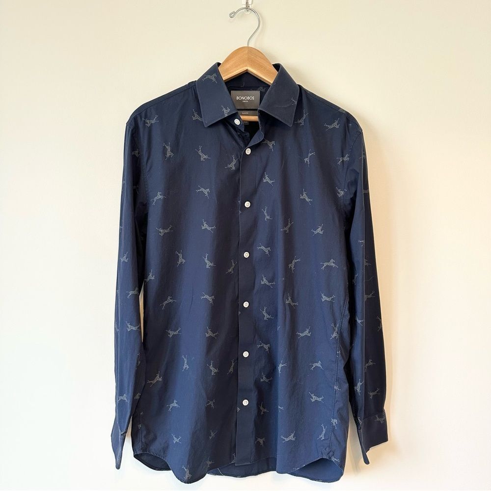 Bonobos Navy Casual Button Down Slim Fit Zebra Shirt 16-35